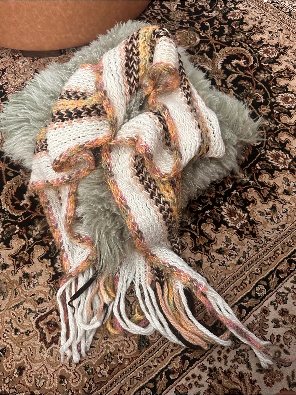 Cozy Multicolor Fringe Knit Scarf - Cream with Pink, Yellow & Brown Accents